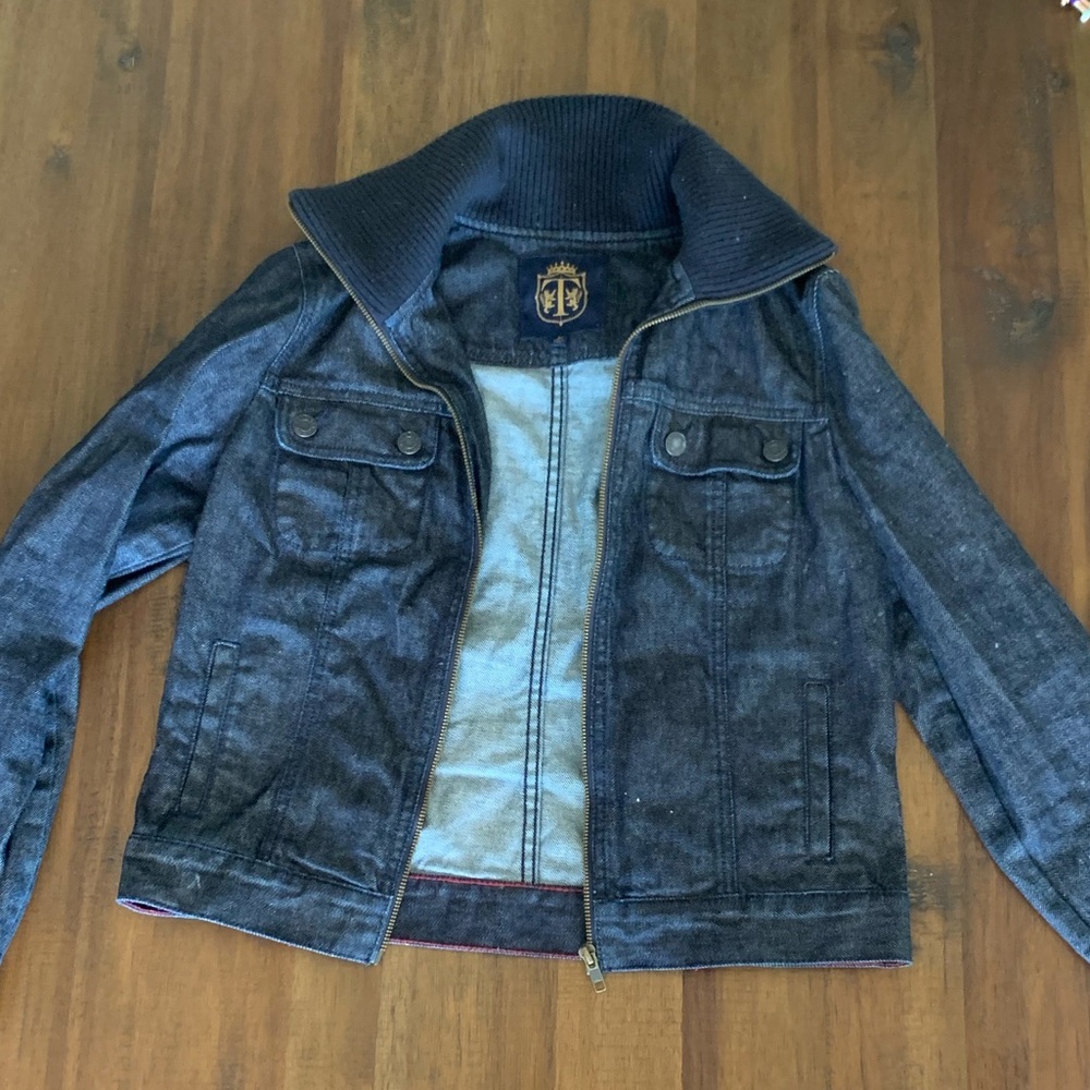 Talbots(Petites) Denim jacket with fabric collar